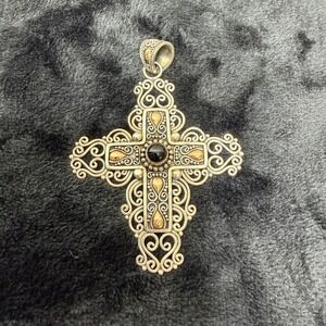 Signed BA Sterling Silver 18k Gold Black Onyx Filigree Cross Pendant‎ Wt. 22.95g